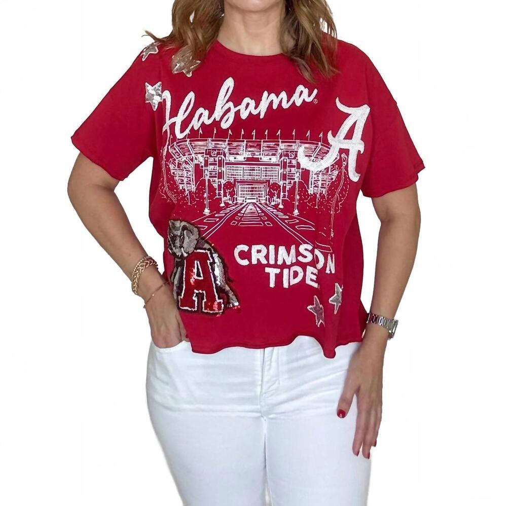 NEW STEWART SIMMONS alabama 4th quarter sequin tee in red